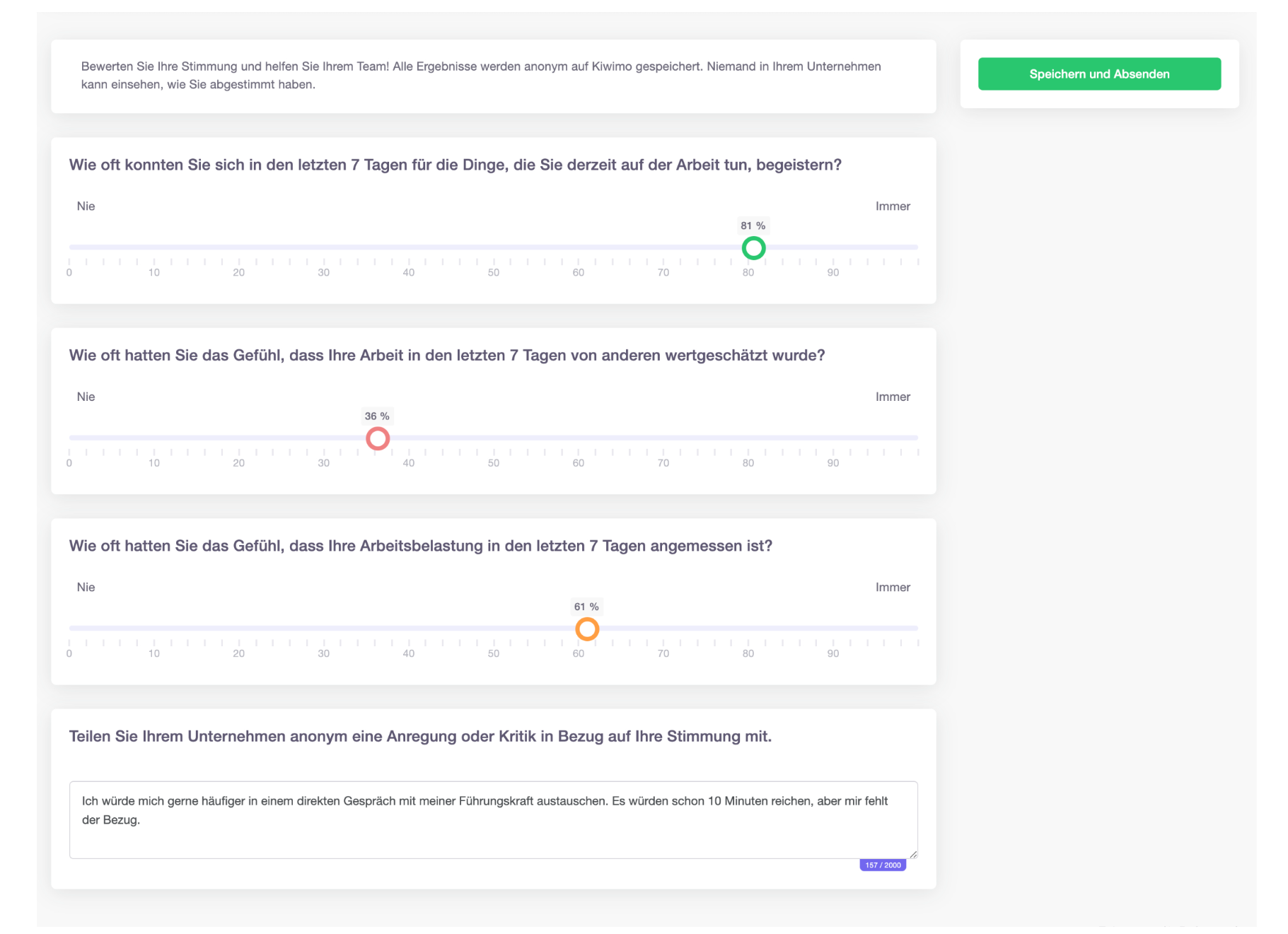 Anonyme Bewertung der Stimmung mit Slidern und freien Textfeldern